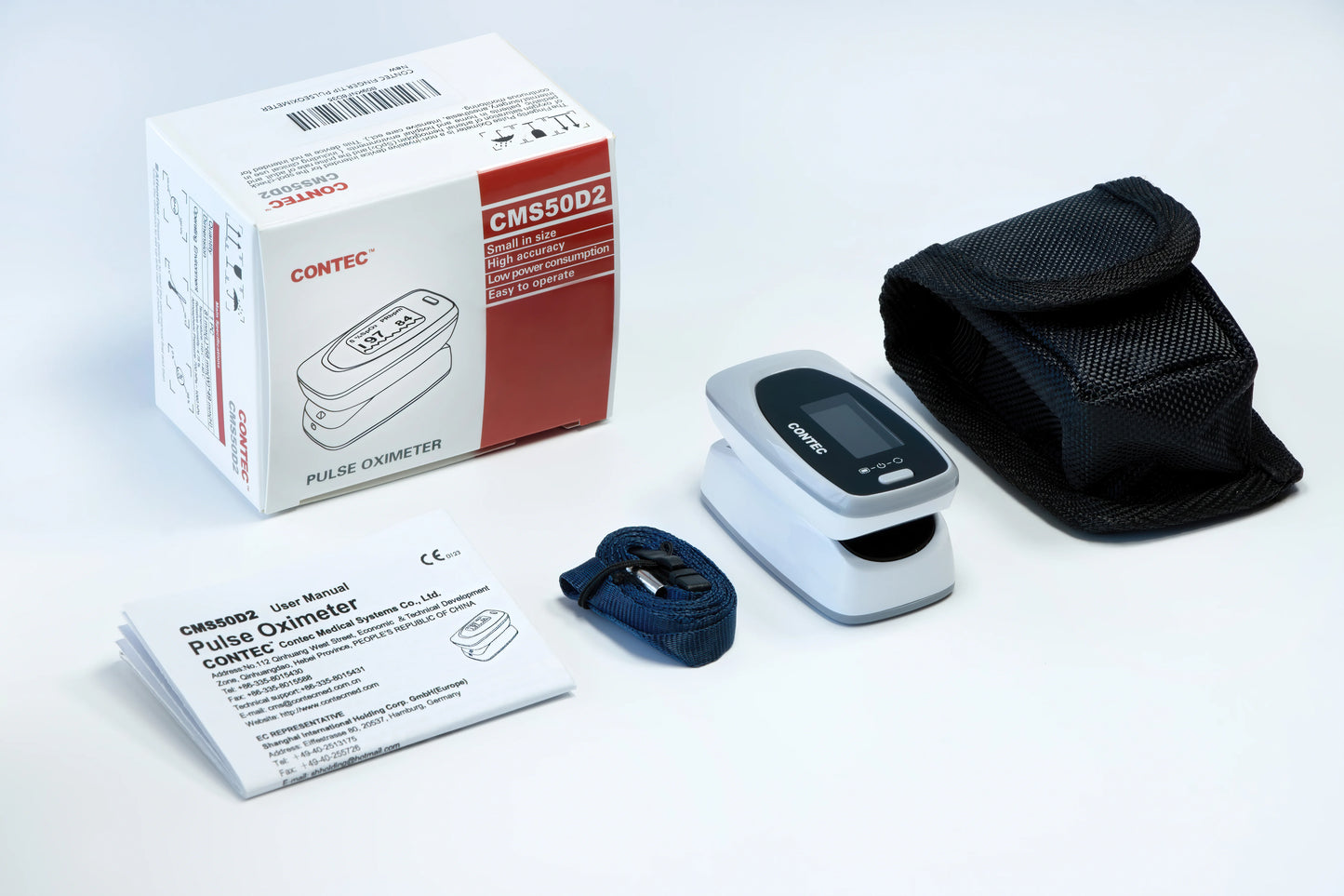 CONTEC fingertip pulse oximeter with LED display and pouch